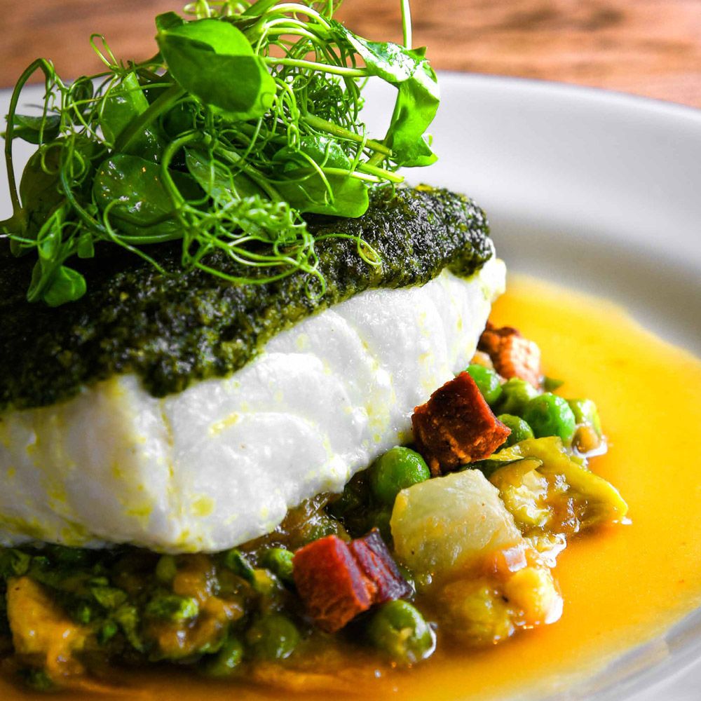 Herb Crumbed Cod, Peas, Lettuce and Bacon | Corner House Restaurants