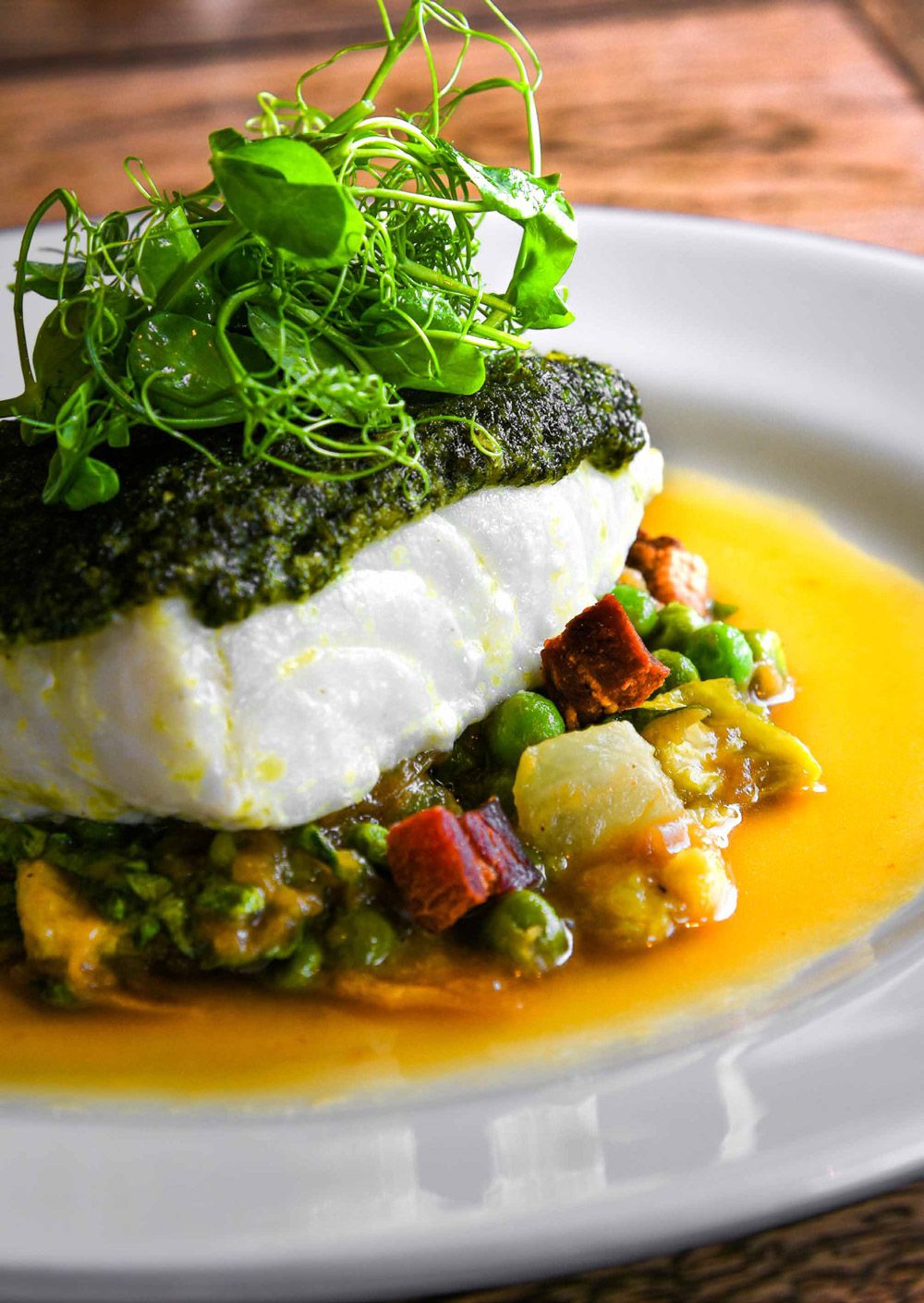 Herb-Crumbed Cod, Peas, Lettuce and Bacon | Corner House Restaurants
